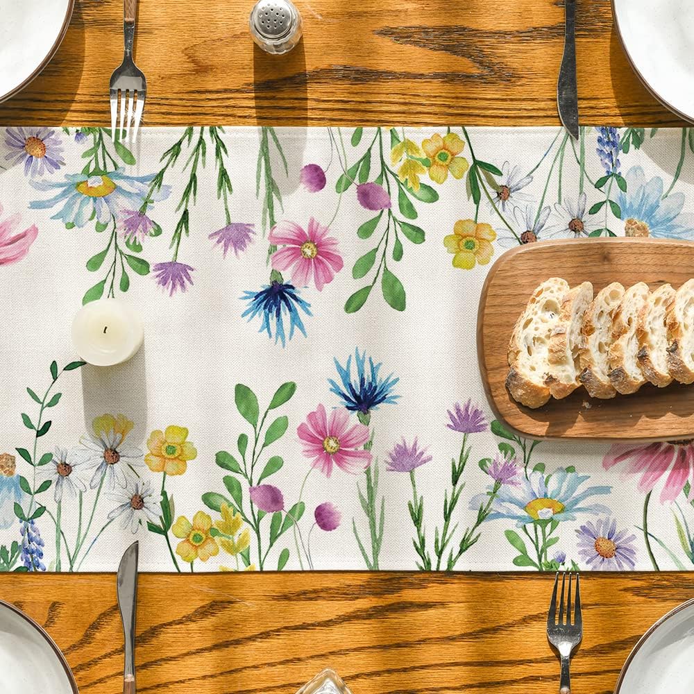 Daisy Eucalyptus Lavender Floral Leaves Summer Table Runner, Spring Kitchen Dining Table Decoration for Home Party Decor 13x36 Inch