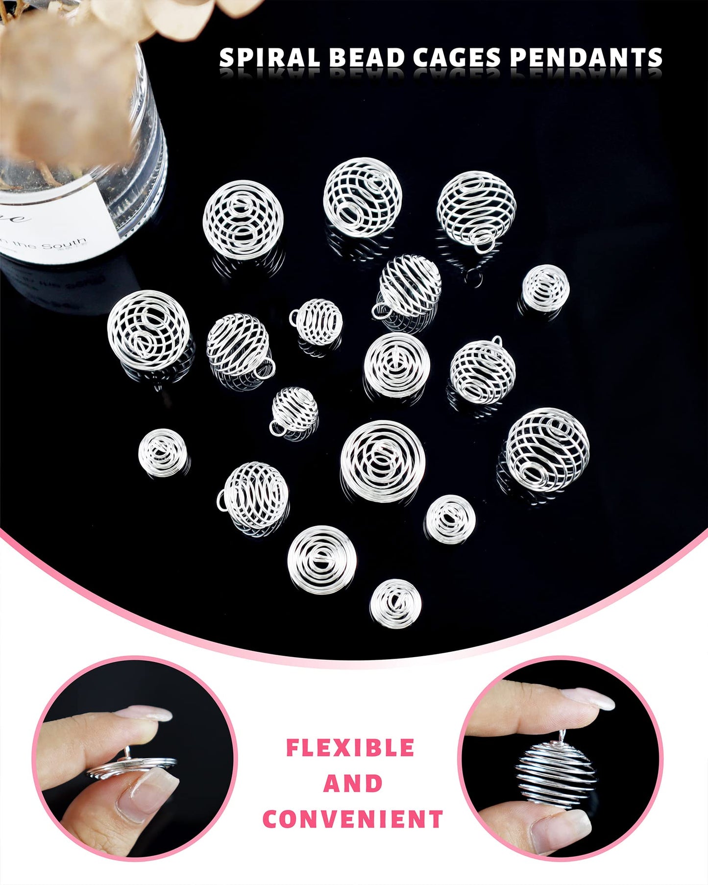 JIALEEY Spiral Bead Cages Pendants, 30 PCs 3 Sizes Silver Plated Stone Holder Necklace Cage Pendants Findings for Jewelry Making and Crafting