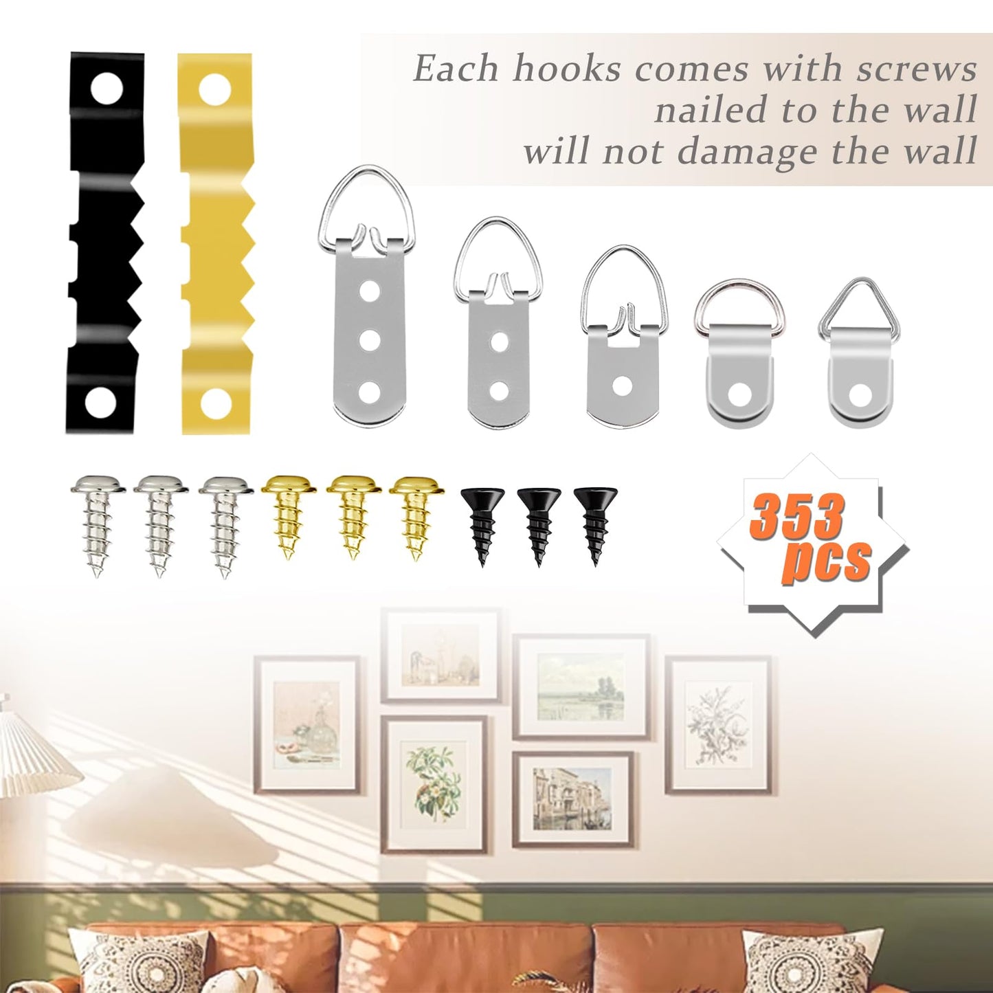353PCS Picture Hanging Kit with Screws, Saw-tooth, D Ring Picture Hangers Assortment, Picture Hanging Hardware Tool for Frame Hanging - 7 Models