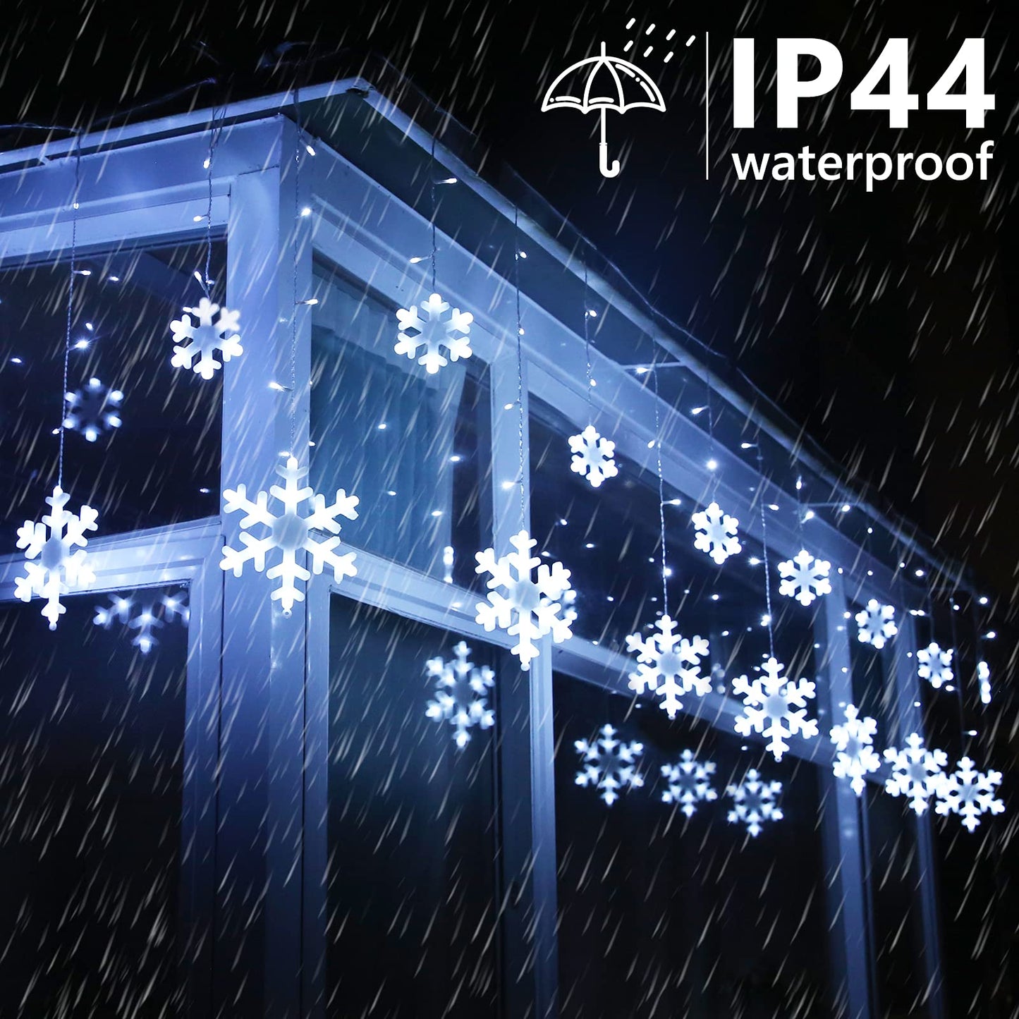 Christmas Snowflake Lights Outdoor, 17.22ft 264 LED Snowflake Icicle Lights with 22 Drops, Connectable, 8 Modes Waterproof White Christmas Light for Curtain, Eaves, Window, Xmas Decorations
