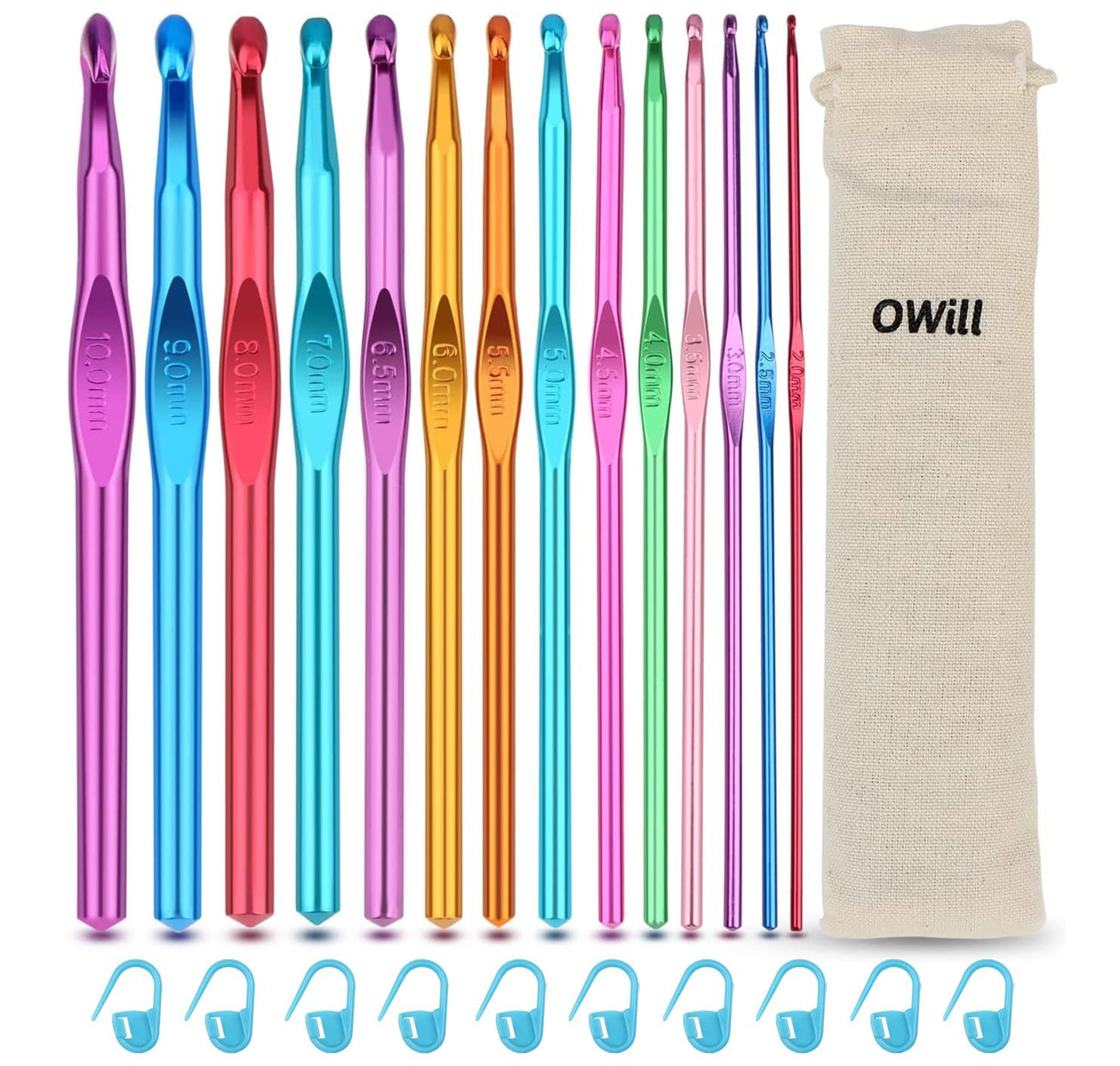 OWill 24 PCS Crochet Hooks,High Quality Coloured Aluminium Crochet Needles for Crocheting Yarn, Ergonomic Handle Crochet Hook Set,Crochet Needle Set Suitable for Beginners Adults