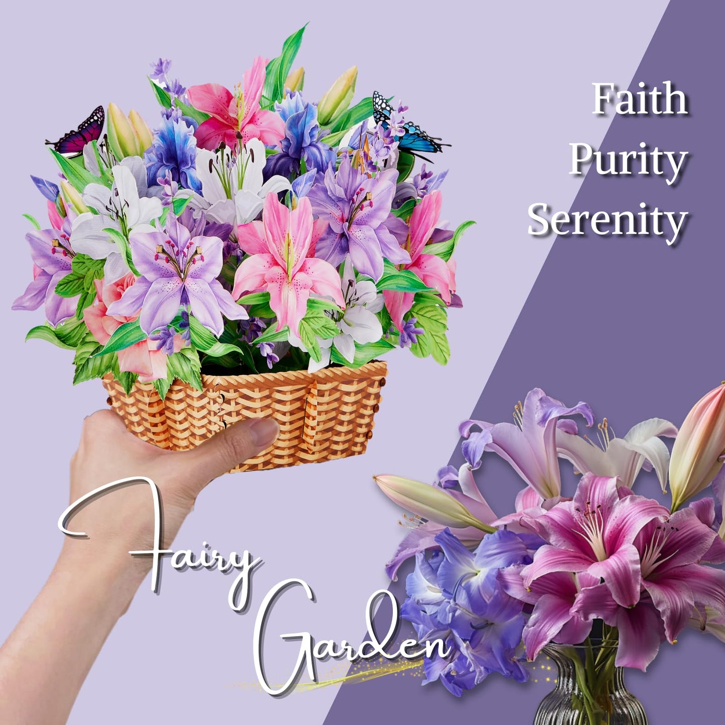 eGoHi Large Paper Flower Basket Card, Pop Up Cards, 10 inches with Note Card and Envelope - Fairy Garden