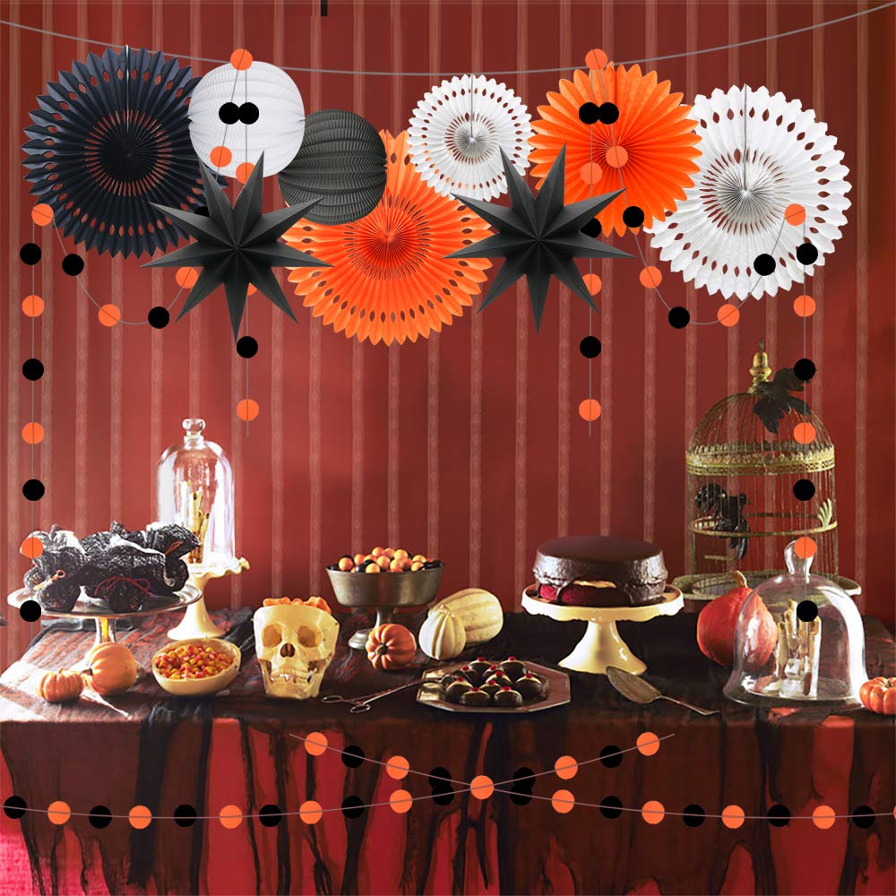 Orange White Black Halloween Decorations, Hanging Tissue Paper Fans Circle Garland Paper Lanterns for Graduation Wedding Anniversary Birthday Backdrop Decor