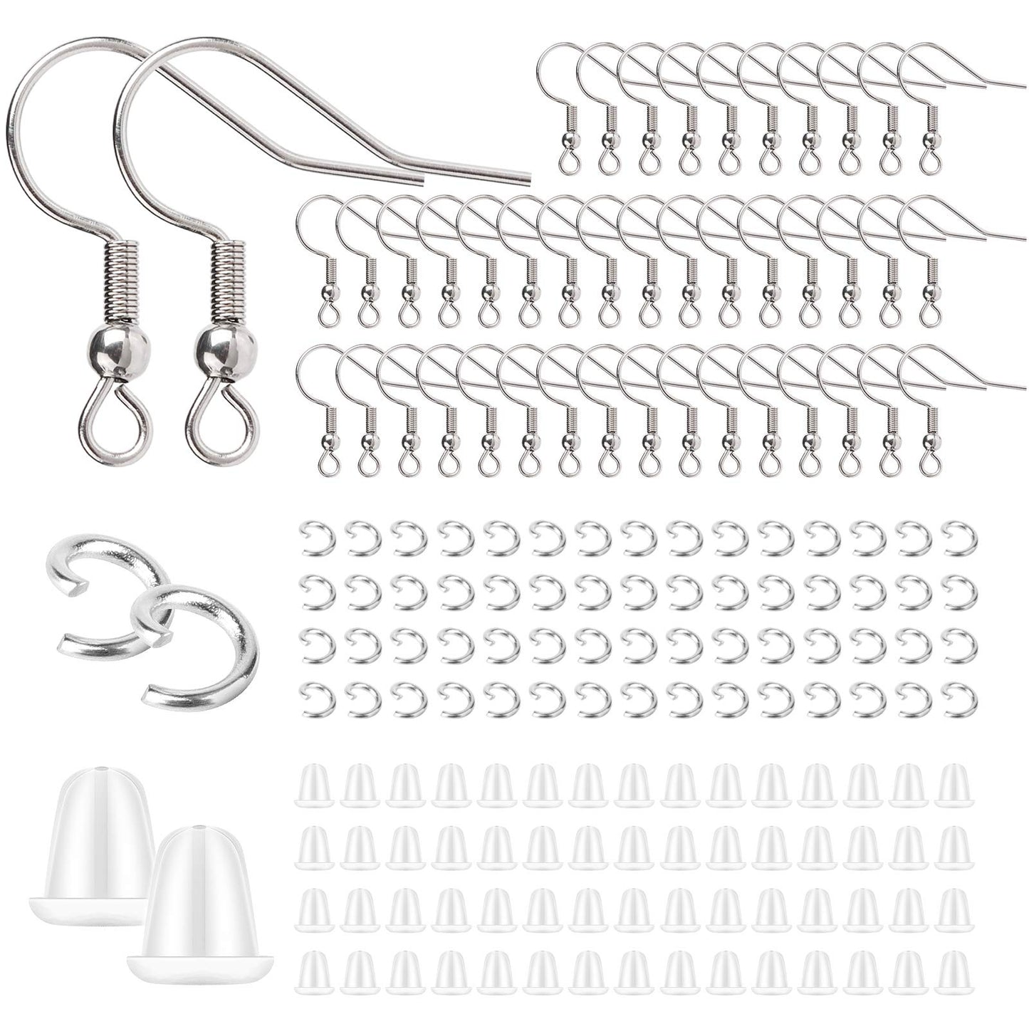 Stainless Steel Earring Hooks French Ear Wire, 600pcs Earring Making Findings Parts Jewels DIY Supplies Kits, with Silicone Earring Backs Stoppers & Open Jump Ring