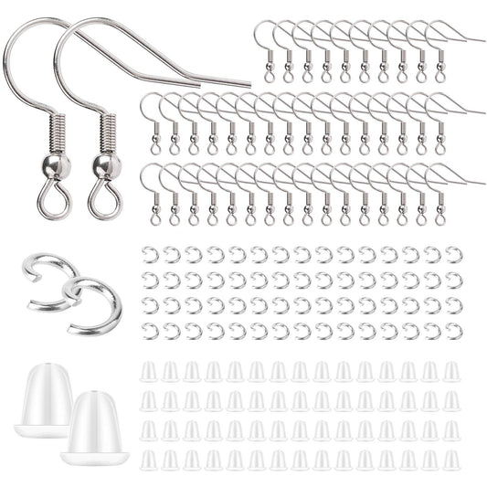 Stainless Steel Earring Hooks French Ear Wire, 600pcs Earring Making Findings Parts Jewels DIY Supplies Kits, with Silicone Earring Backs Stoppers & Open Jump Ring