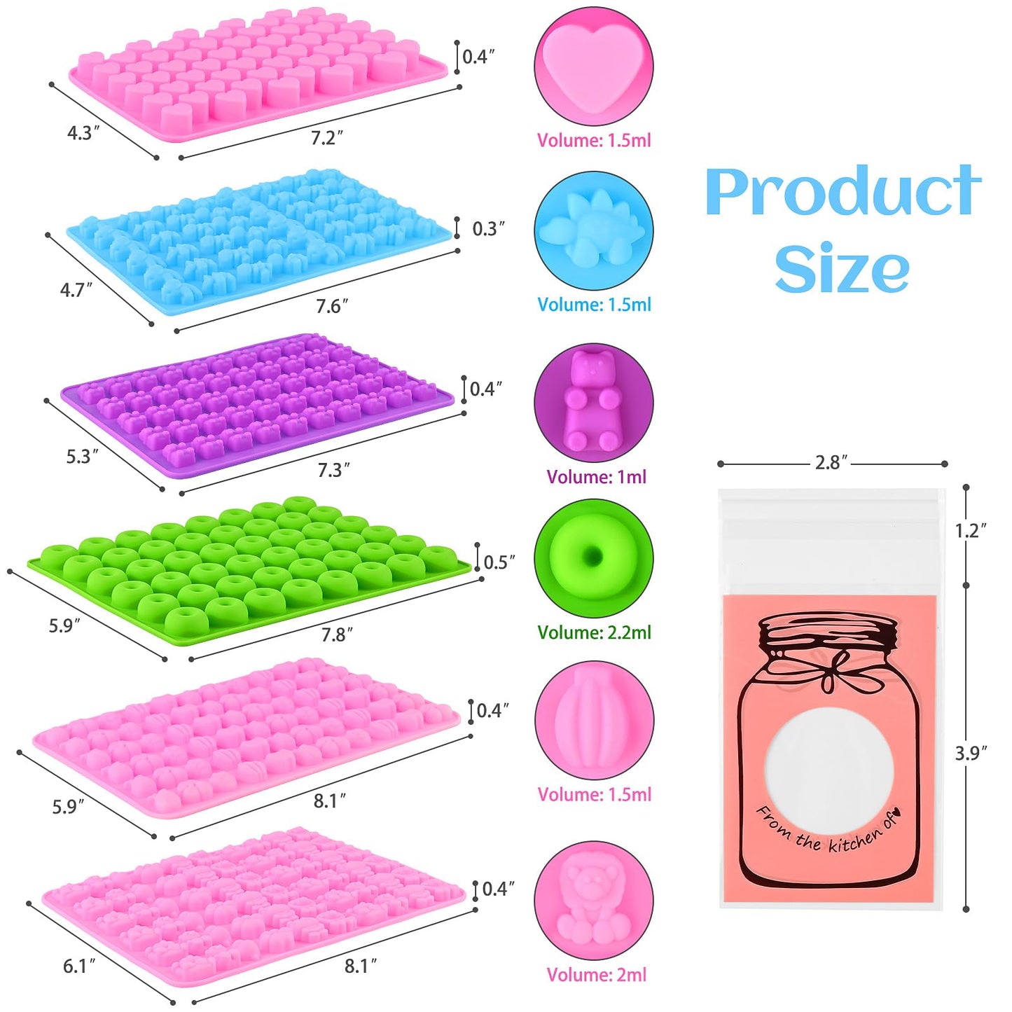 JOERSH Gummy Bear Molds Silicone 62PCS Set, Nonstick Candy Mold 18 Shapes for 327 Candies Including Dinosaur Fruit Animals Shaped, With 4 Droppers, Clean Brush, Storage Box, 50 Wrappers