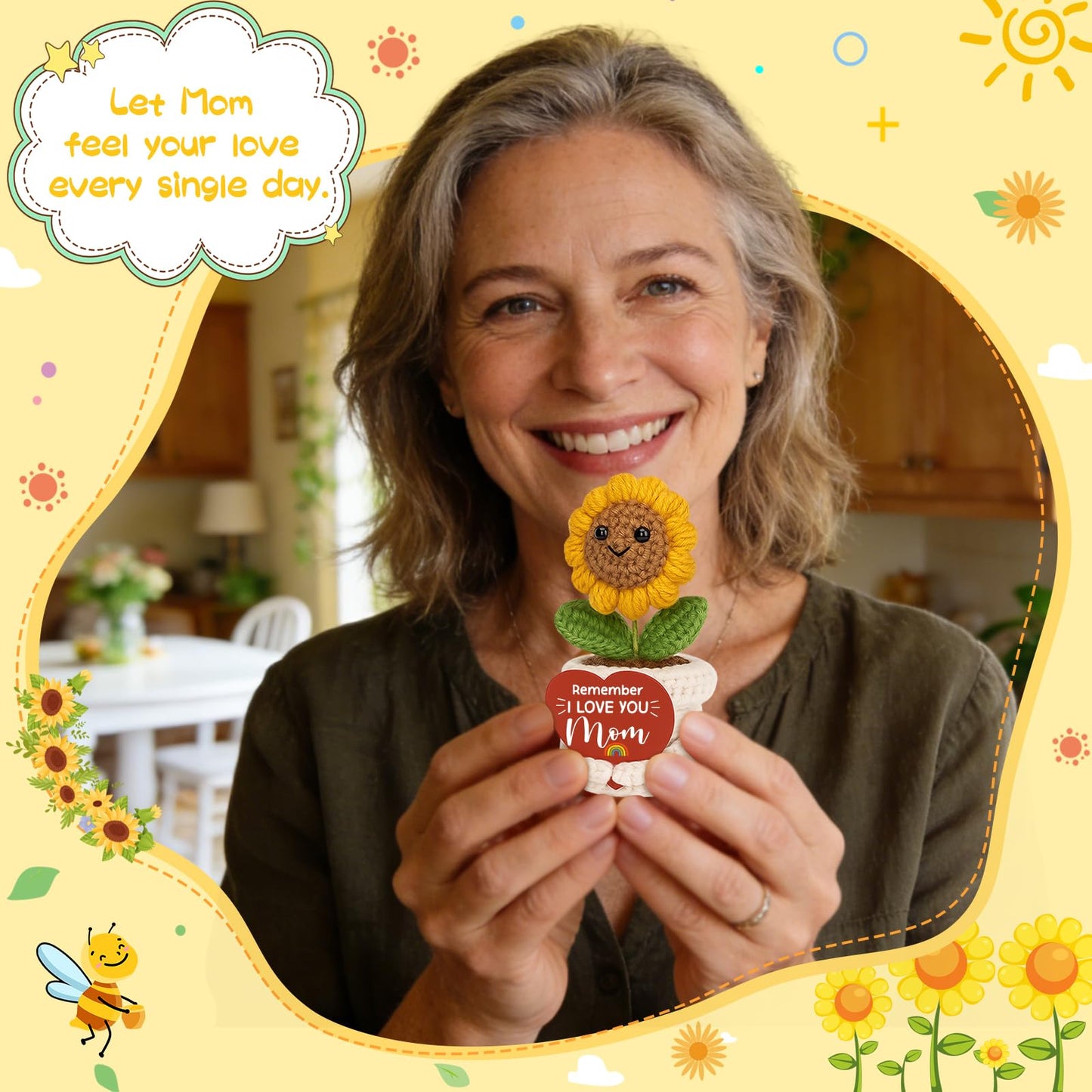 Funny Birthday Gifts for Mom, Mom Gifts from Daughter Son, Handmade Crochet Sunflower Mother’s Day Best Gift for Mama, Grandma, Mini Gift for Mother in Law, Remember I Love You Moms sign for Daughters