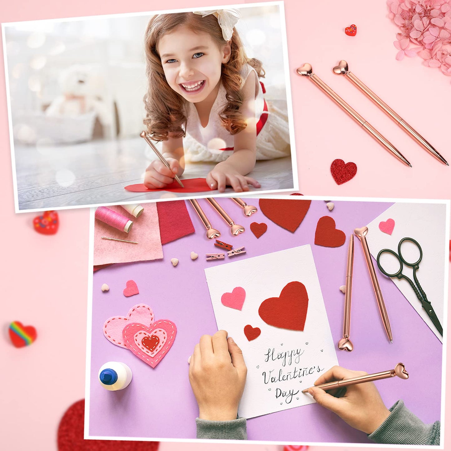 12 Pieces Valentine Heart Shaped Pens Black Ink Retractable Metal Decorative Cute Pens Heart Ballpoint for Valentines Party Favor Women Wedding Bridal Shower Gifts(Rose Gold)