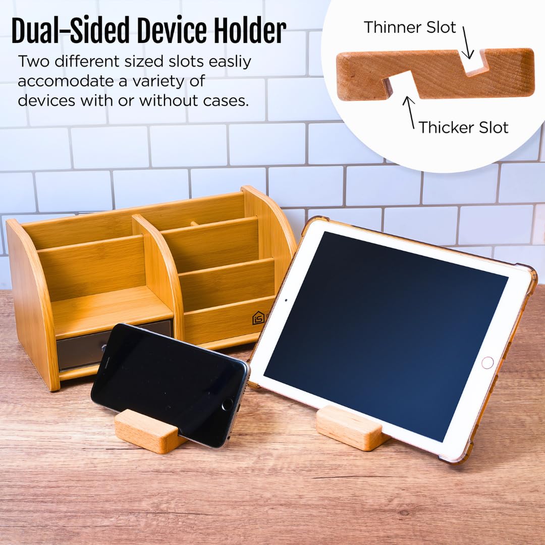 Desktop Organizer with Double-Slot Cell Phone Holder, Wooden Multifunctional Desk Storage Box with Drawer for Work from Home Office Supplies, Students, Desk Accessories, Phone Stand, Charging Station