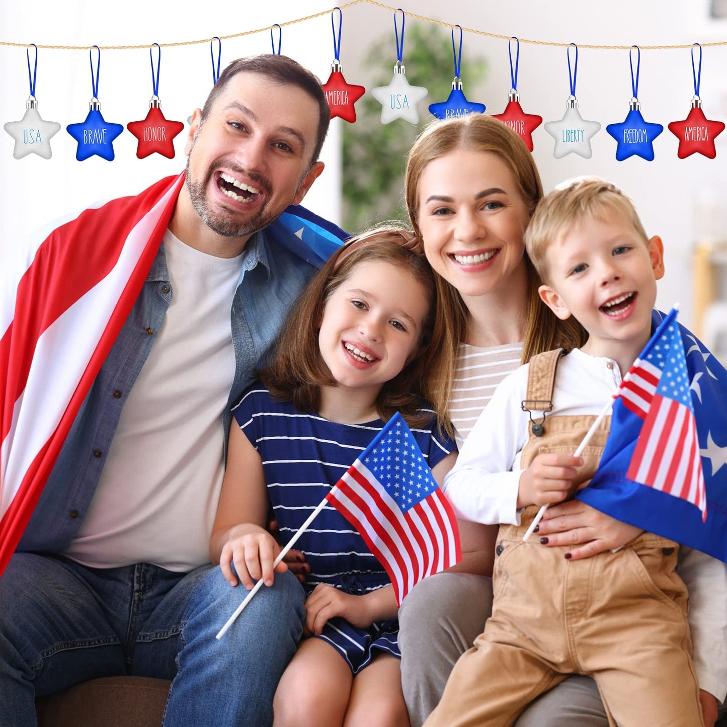 Honoson 24 Pcs 4th of July Star Ornaments Patriotic Tree Decorations Star Independence Day Hanging Ornament Red Blue White 250th Anniversary for Party Tree Decor