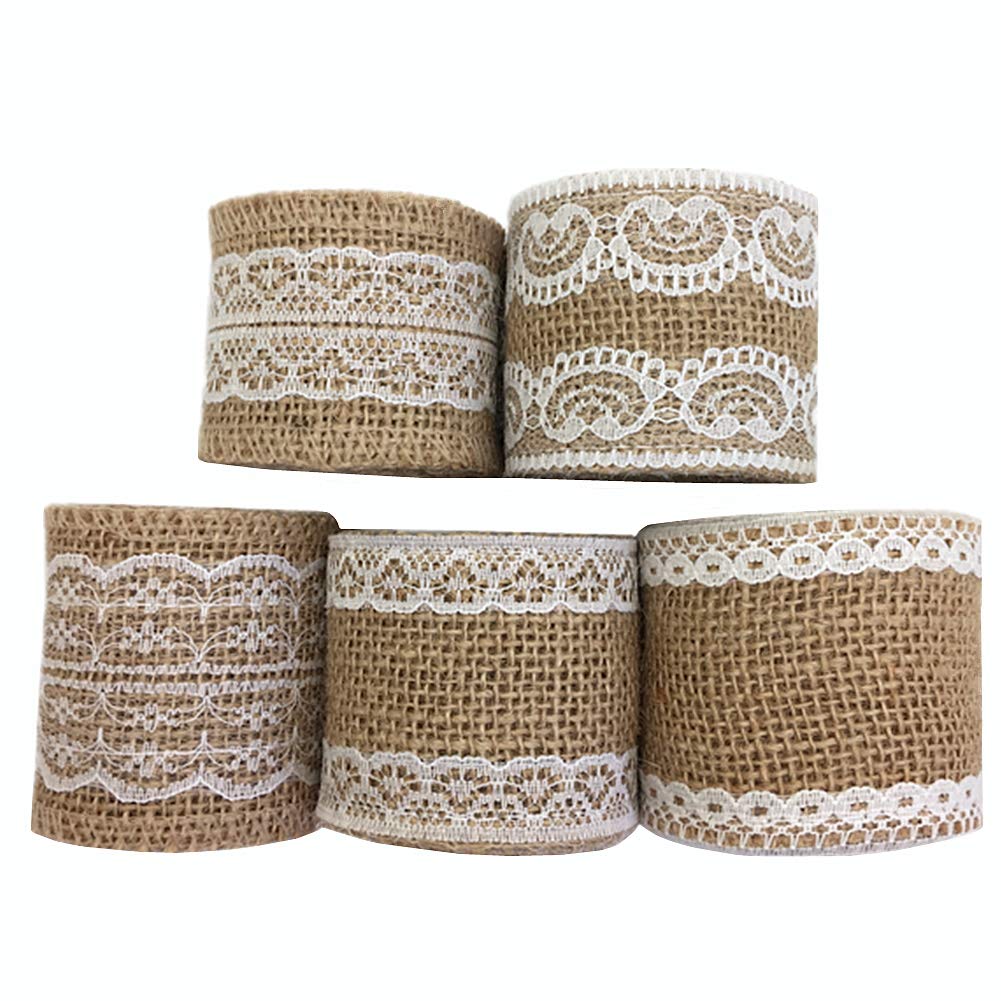 OZXCHIXU 5Pcs Burlap Ribbon Lace Roll with 30 Feet Jute Twine,Burlap Ribbon for Wedding Decorations DIY Handmade Crafts (2.2 yards for each roll)