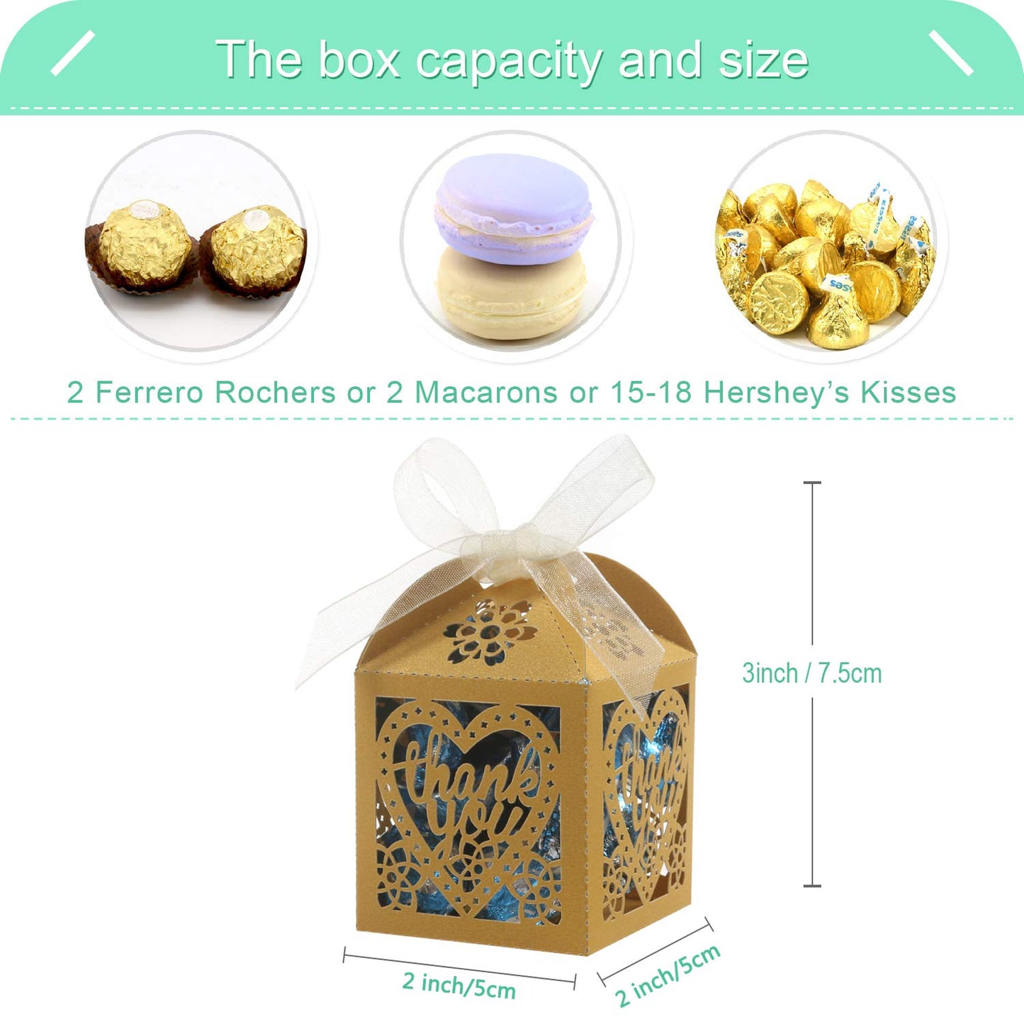 COTOPHER Laser Cut Boxes, 100pcs Thank You Gift Boxes Wedding Party Favor Boxes Lace Candy Boxes for Wedding Bridal Shower Baby Shower Birthday Party Decorations with Ribbons (2x2x2.75inch, Gold, 100)