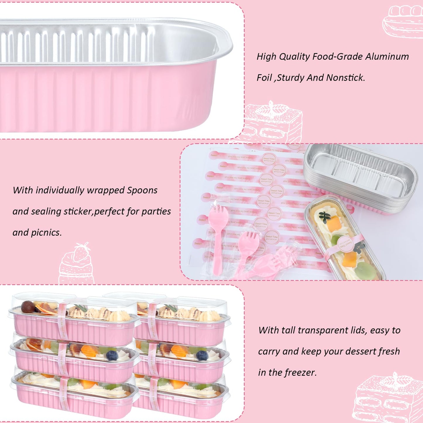 JuneHeart Mini Loaf Pans with Lids and Spoons, 30 Pack, Pink, 6.8oz, Rectangular Aluminum Foil Baking Pans