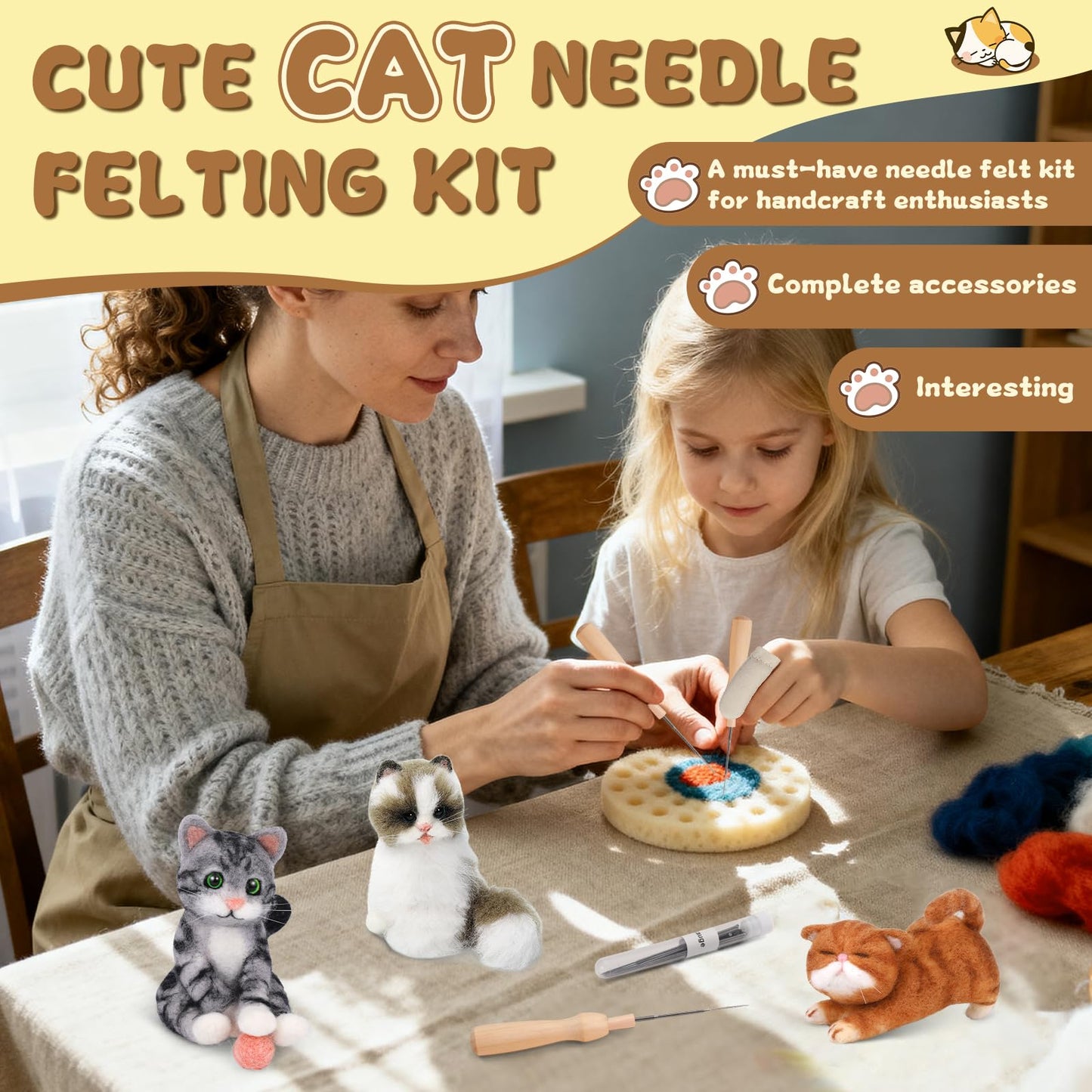 Needle Felting Kit, 3 PCS Cat Animal Needle Felting Beginner Kits Wool Felt Needle Felting Tools with Instruction for DIY Craft Animal Home Decoration
