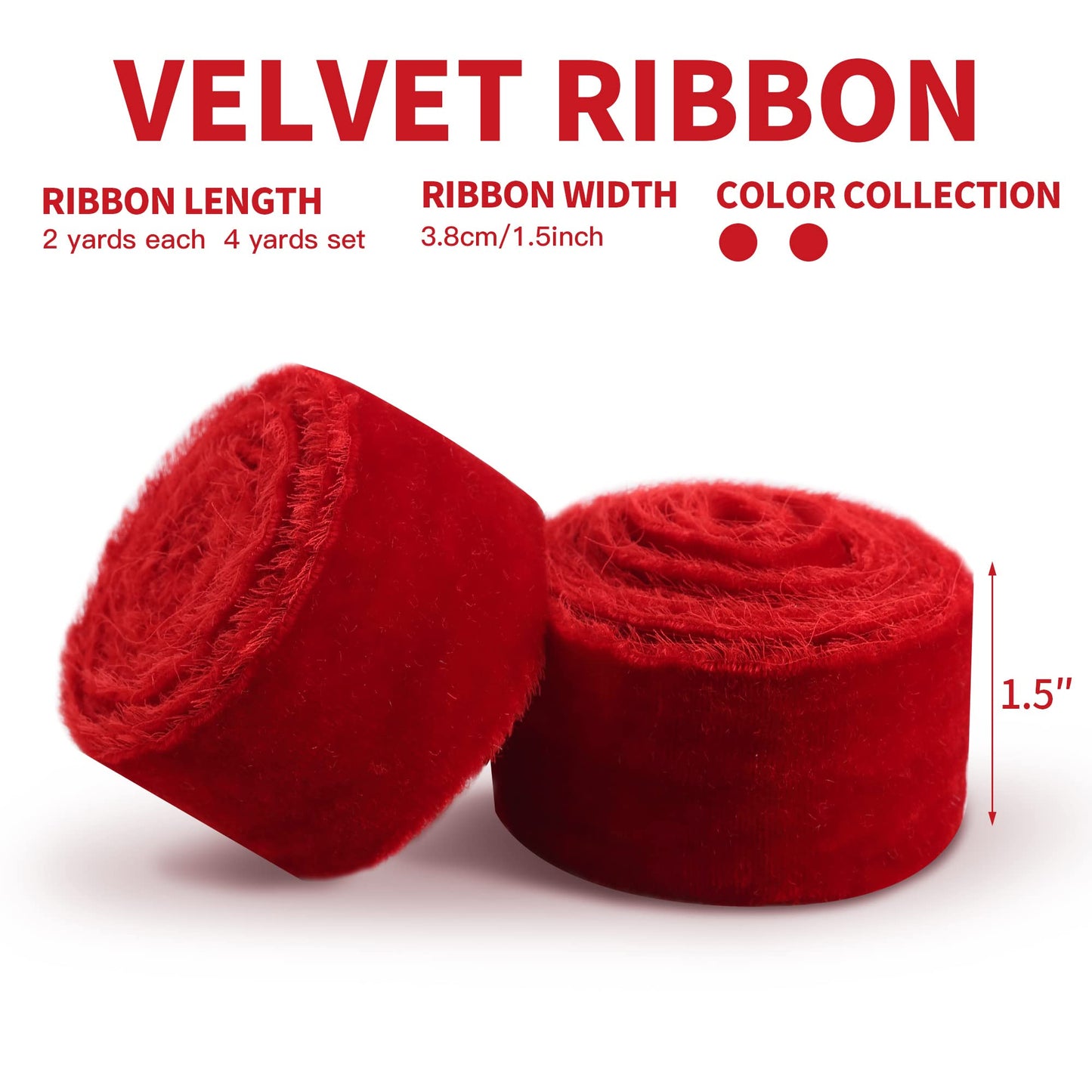 Velvet Ribbon for Gift Wrapping Red Handmade Fringe Ribbons for Crafts Bouquet Christmas Decorations 2 Rolls 1 1/2 Inch x 2 Yd (4 Yards Total)