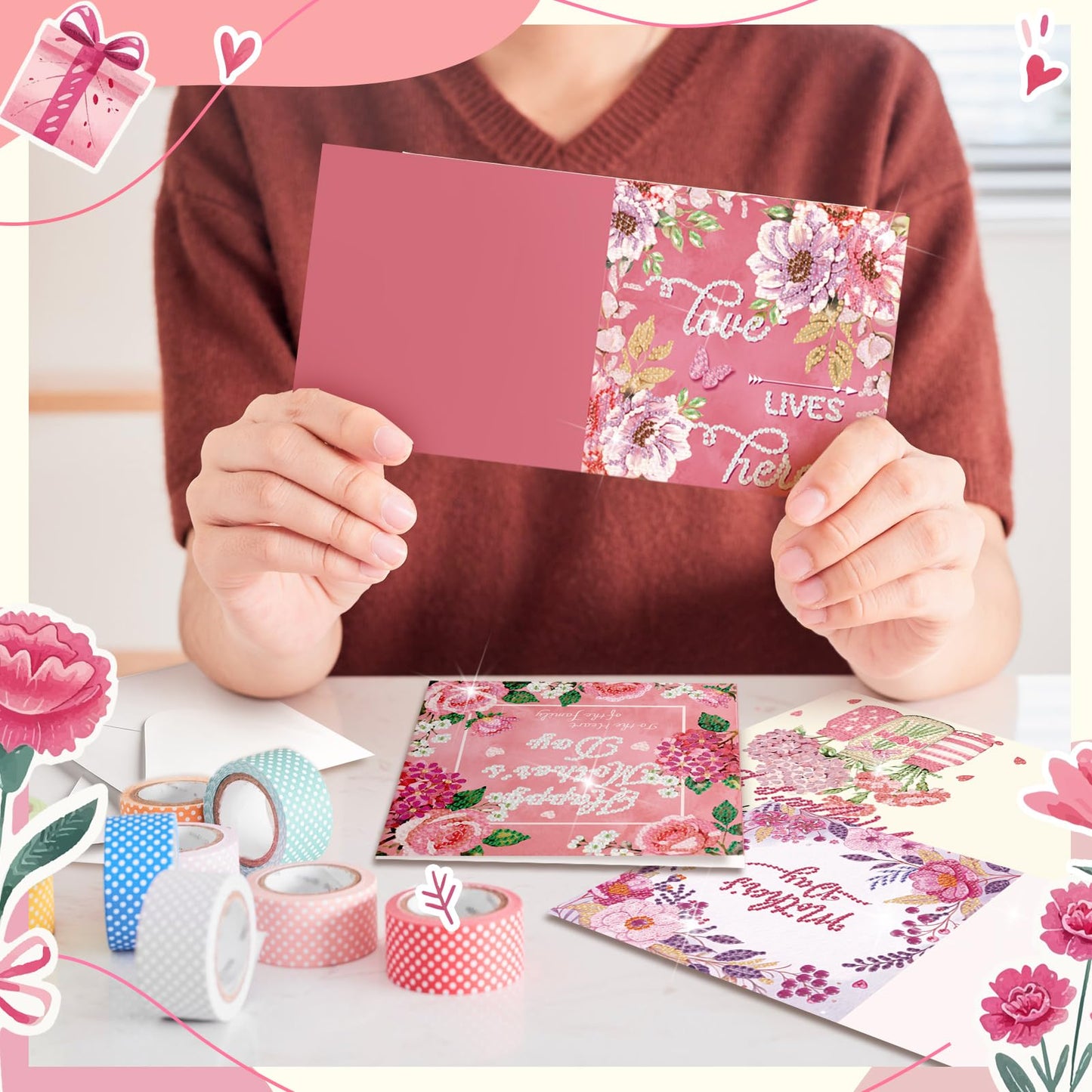 Saillong 12 Pack Mother's Day Diamond Painting Greeting Card Kits Mother's Day Diamond Art Cards with Envelopes 5D Rhinestones Painting Making Kits for Adult DIY Craft Family Friend Holiday Mom Gifts