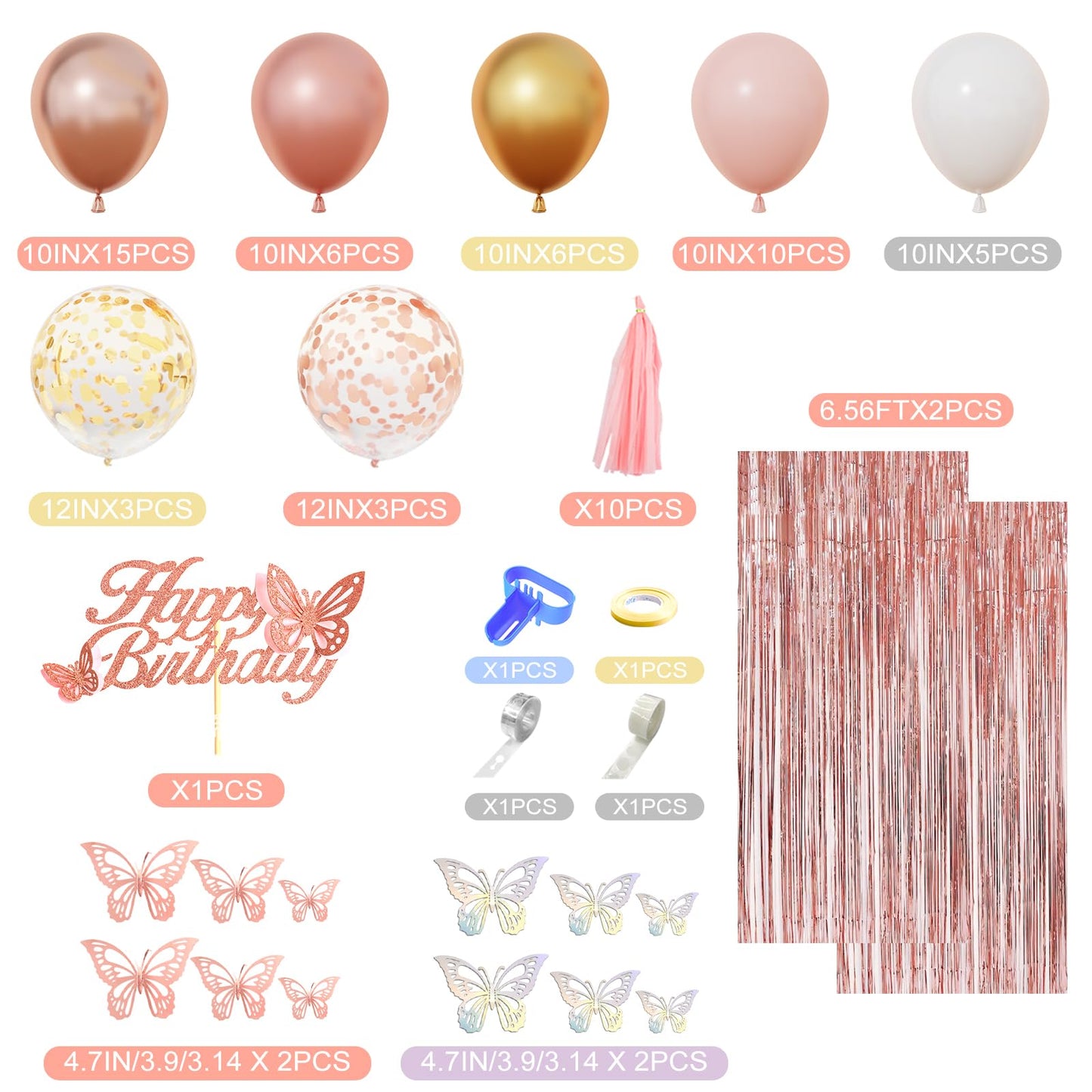 Amandir Rose Gold Birthday Party Decorations for Women Girls, Rose Gold Pink Confetti Foil Balloons, Butterfly, Fringe Curtain, Happy Birthday Banner, Cake Topper for30th 40th 50th 60th Supplies Decor