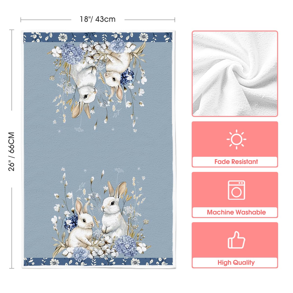Bunny Hydrangea Easter Kitchen Towels Dish Towels, 18x26 Inch Spring Farmhouse Wild Flowers Decoration Hand Towels Set of 2