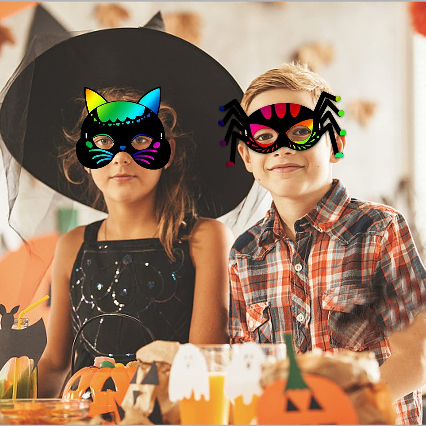 Natonhi 32Pcs Halloween Crafts for Kids Rainbow Scratch Mask, Halloween Games Scratch Art and Craft Kit Classroom Activities Favors Party Supplies