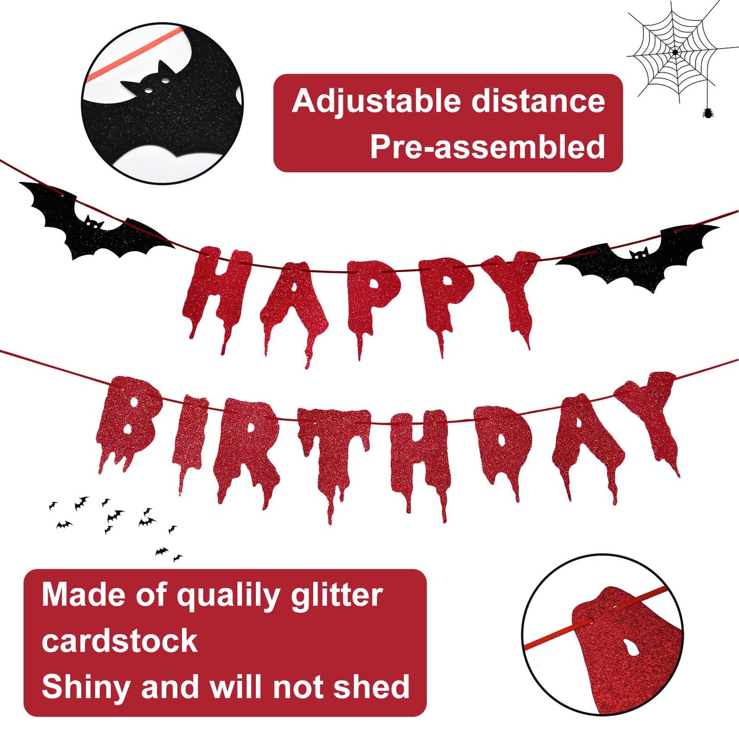 Red Glittery Happy Birthday Halloween Banner - Halloween Hanging Paper Garland Bunting Banner Bloody Bat Vampire Decorations, Photo Backdrop for Wall Home Mantle Office Wall Scary Party Supplies
