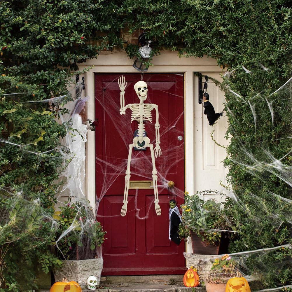 36in Skeleton Halloween Decorations, 3ft Full Body Posable Life Like Skeleton Realistic Human Plastic Bones with Movable Joints for Halloween Party Lawn Haunted House Decor