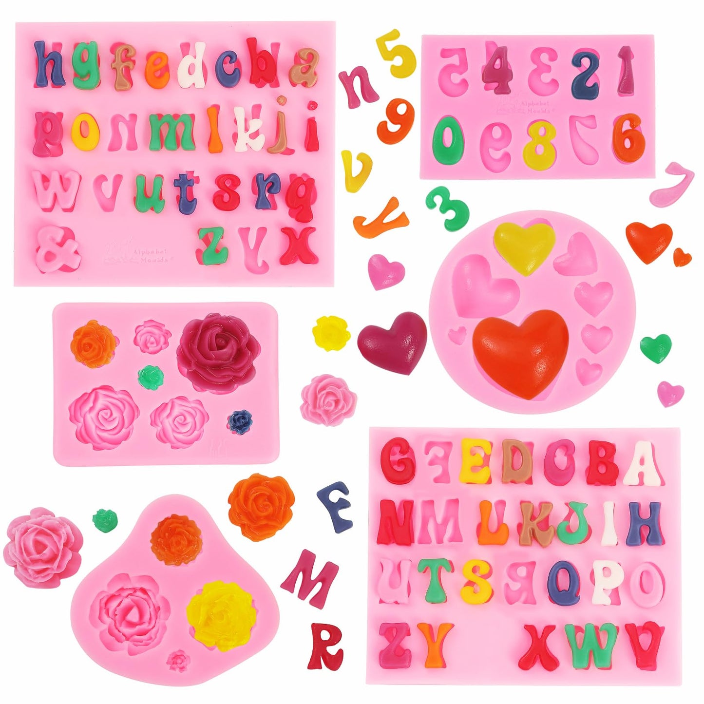 MUYIYAMEI Letter Silicone Mold Alphabet Number Molds Rose Heart Shape Cake Mould for Gummy Baking Candy Making Chocolate Molds Sugar for DIY Crafts Candy Desserts Cupcake Decoration