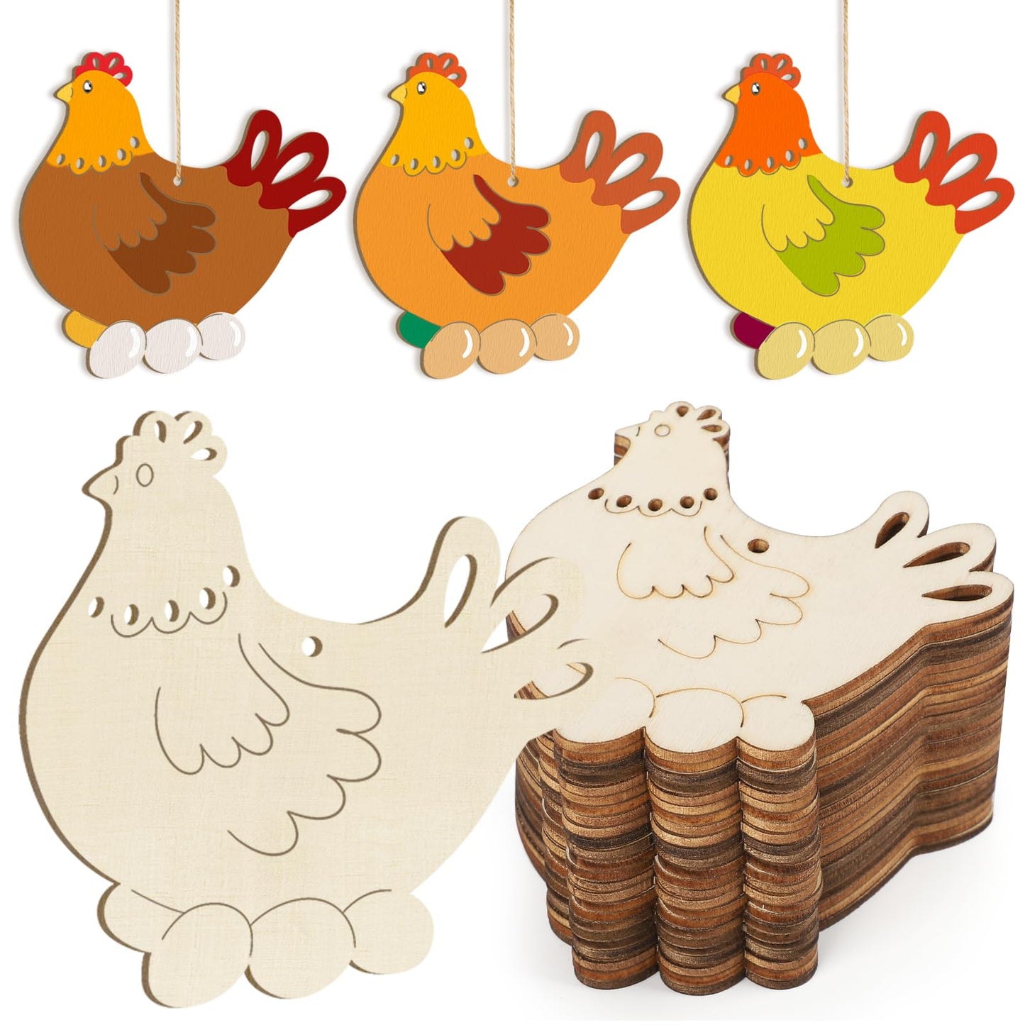 Wooden Easter Ornaments to Paint Spring Decoration Hen Cutouts Unfinished 24PCS 3.5 inches, DIY Blank Unfinished Christmas Tree Wood Discs Ornament for Home Crafts Hanging