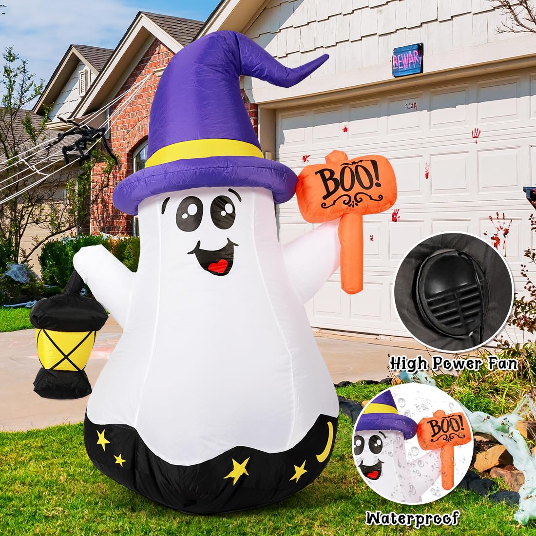 GOOSH 5 FT Halloween Inflatables Ghost Outdoor Decorations Blow Up Yard Cute Wizard Ghost with Hand-Held Light with Built-in LEDs for Garden Lawn Indoor Party Decor