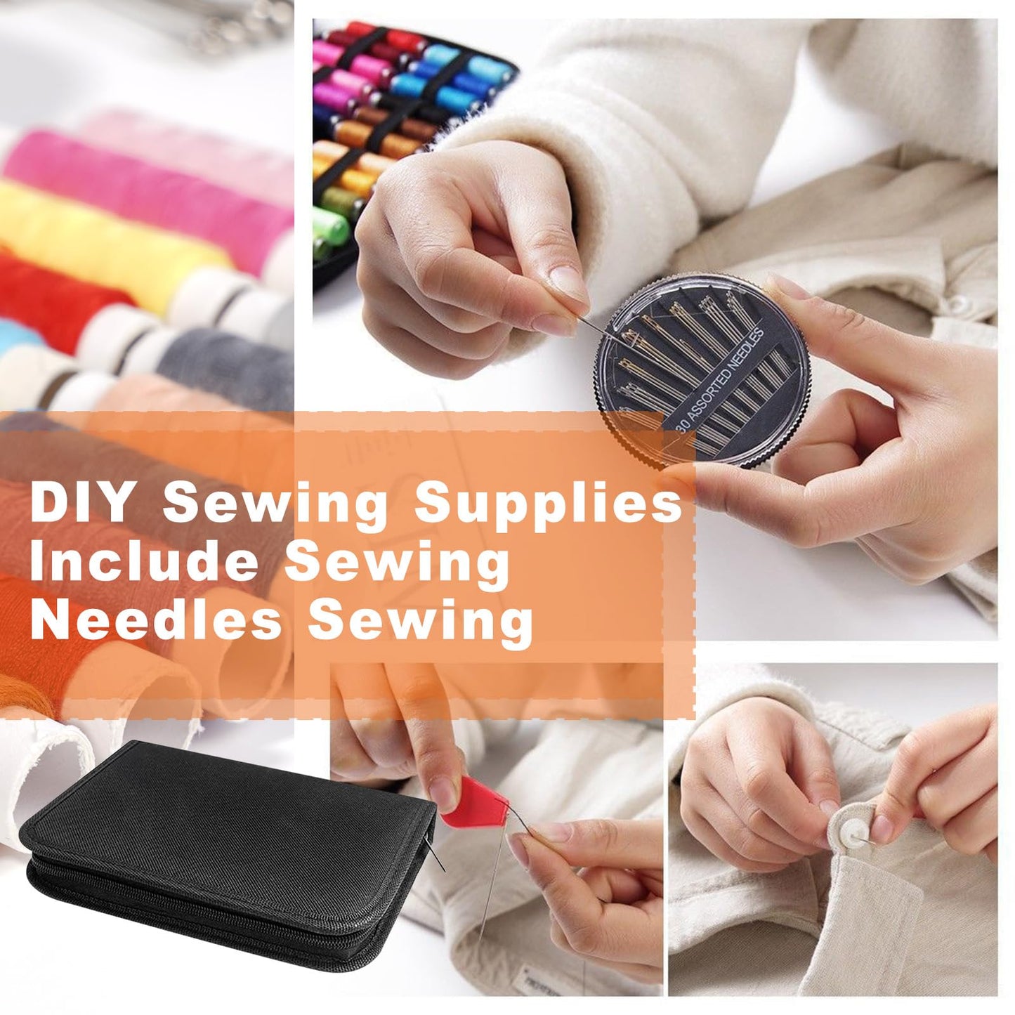 JUNING Sewing Kit with Black Case Portable Sewing Supplies for for Mom Grandma Women Men Teen Girls Boys Adults Beginner, Home Travel, Emergency, 42 Threads, Scissors, Needles, Measuring Tape and More
