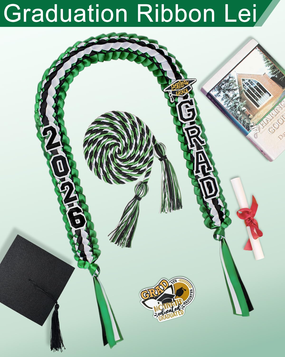 Yigney Graduation Lei Set Class of 2026 Grad Ribbon Leis with Honor Cord Double Braided Graduate Leis for Men Women Green Black White