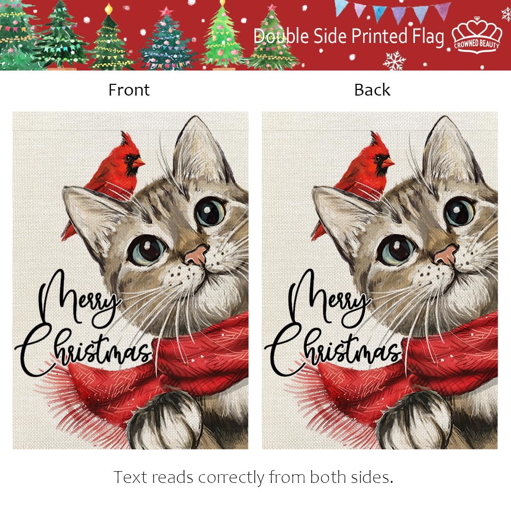 Merry Christmas Cat Garden Flag 12x18 Inch Double Sided Small Burlap Holiday Cardinal Yard Decoration for Outside
