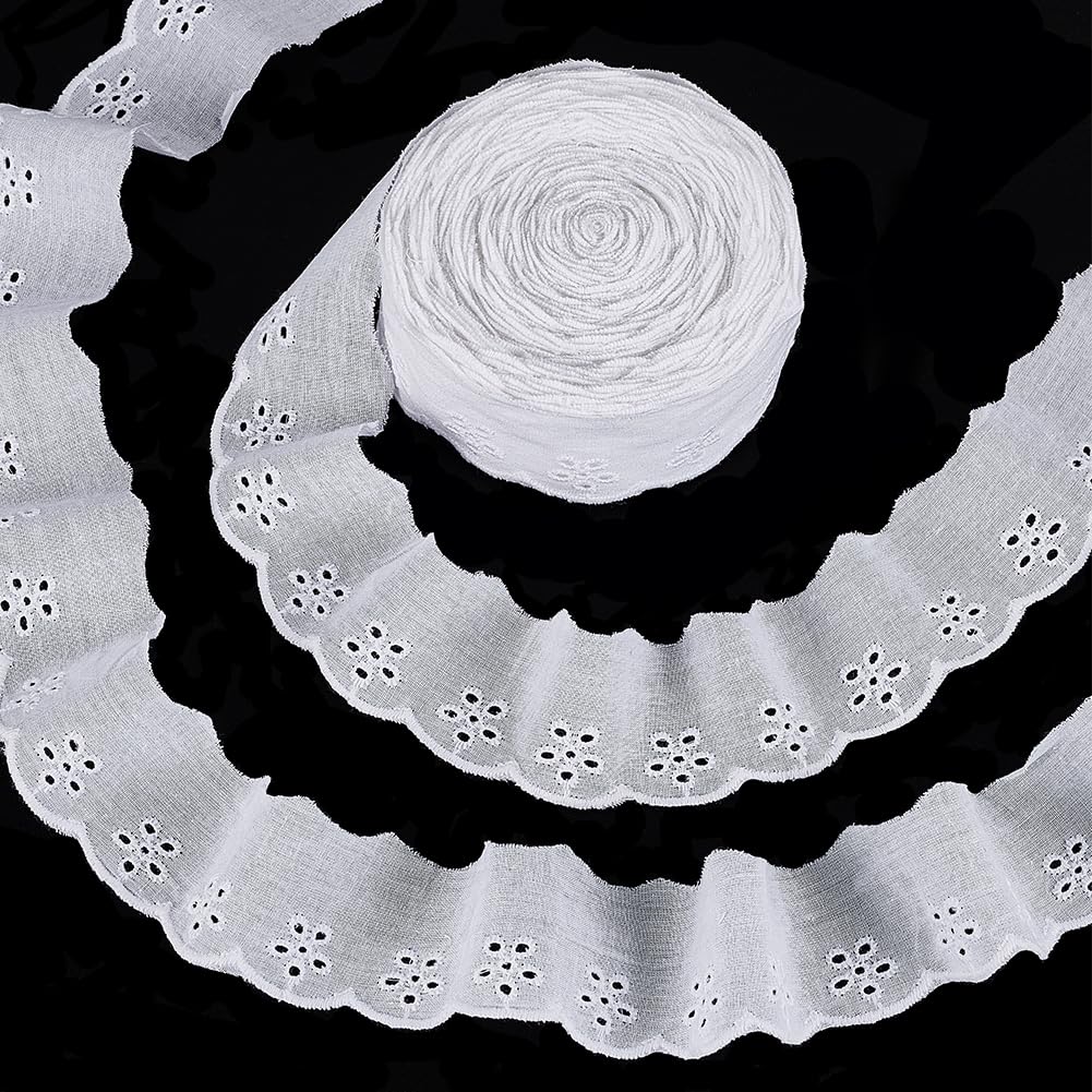 15 Yards Cotton Lace Trim 1-5/8 inch White Cotton Eyelet Lace Ribbon Floral Embroidery Ruffle Lace Trim Wavy Edge Floral Cotton Lace Ribbon for Sewing Dresses Clothes Bag Pets Clothes