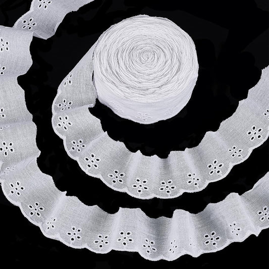 15 Yards Cotton Lace Trim 1-5/8 inch White Cotton Eyelet Lace Ribbon Floral Embroidery Ruffle Lace Trim Wavy Edge Floral Cotton Lace Ribbon for Sewing Dresses Clothes Bag Pets Clothes
