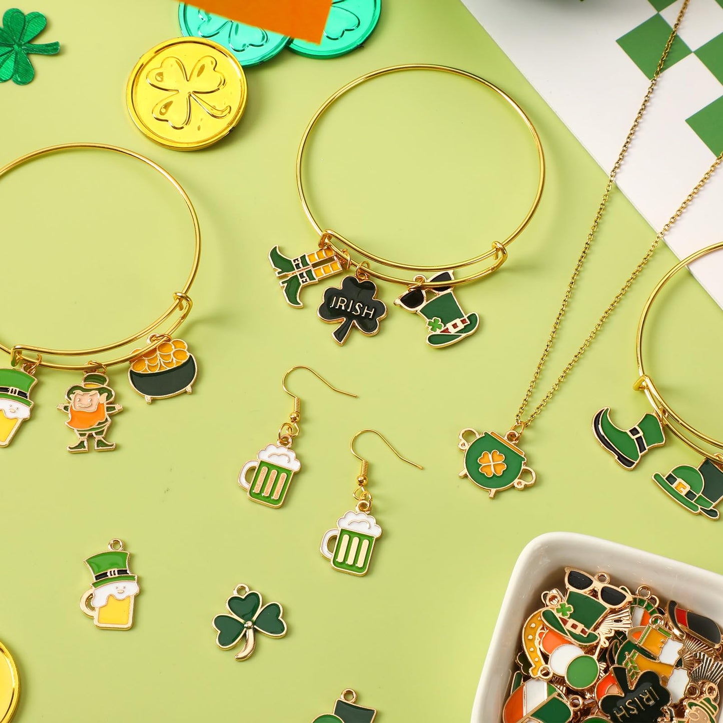 SANNIX 350pcs St. Patrick's Day Charms, Shamrock Charms for Jewelry Making - Green Hat Beer Gnome Irish Enamel Pendants for DIY Crafts Bracelets Necklaces Earrings Making Supplies