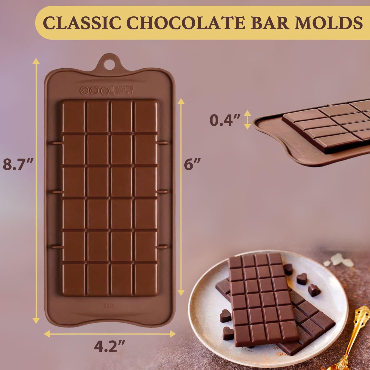 Chocolate Bar Molds Silicone Classic 4 Pack, Snap Candy Bars Making Kit Fondant Mould Set, BPA Free Soy Candle Wax Melt Durable Mold Easy Release Non-Stick for Protein and Energy DIY Handmade Gifts