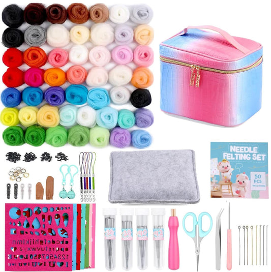 50 Colors Needle Felting Kit, 185 Pcs Needle Felting Tools and Supplies with Wool Roving, Needle Felting Starter Kit for Beginners with Felting Needles, Felting Mad for Diy Hand Craft Home Decoration
