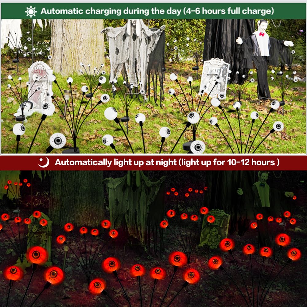 Outdoor Halloween Decorations Solar Spooky Lights-12LED Scary Eyeballs Swaying Firefly Light with Magic Party Garden Decor,Solar Halloween Path Lights for Grave Cemetery,Ghost Decor 2PACK Orange