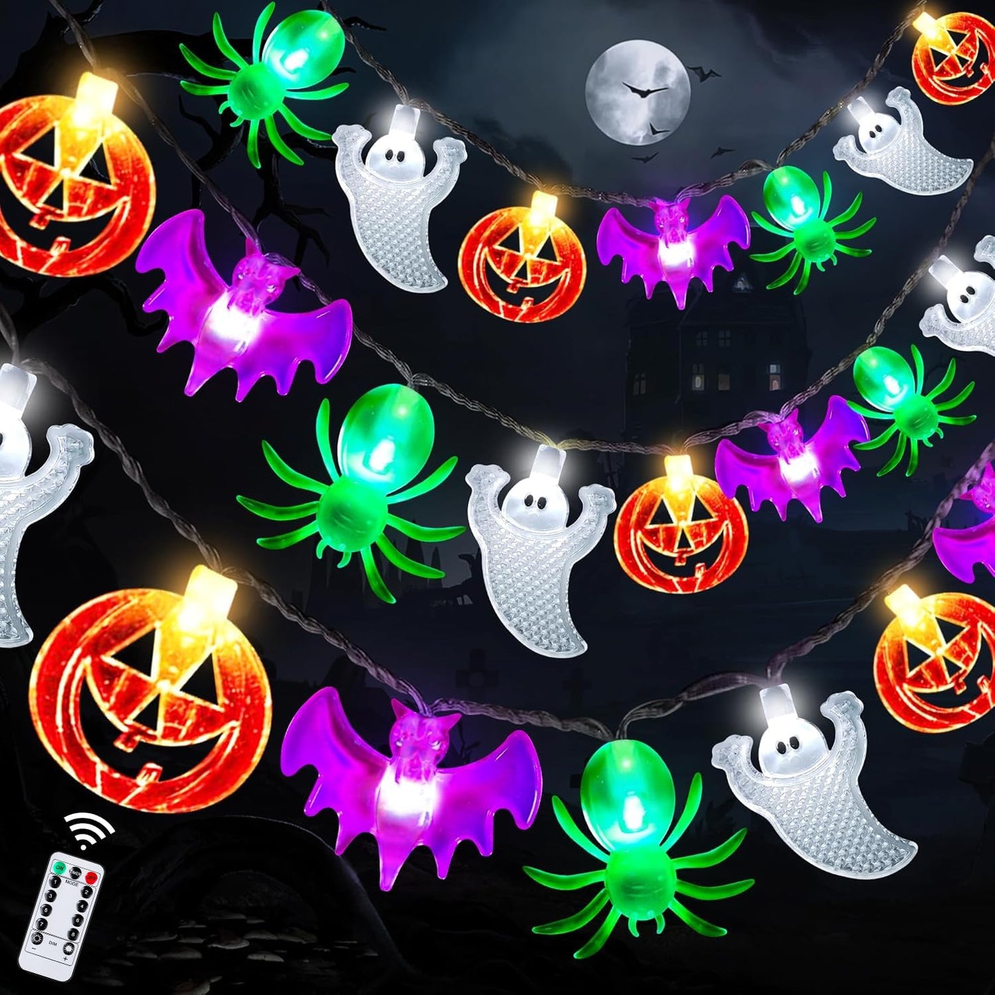 [Timer] 2 Pack Halloween Lights Total 23Ft 60 LED Pumpkin Bat Spider Ghost Halloween String Lights Battery Operated, 8 Modes Waterproof Indoor Outdoor Halloween Decorations Lights Home Window Decor