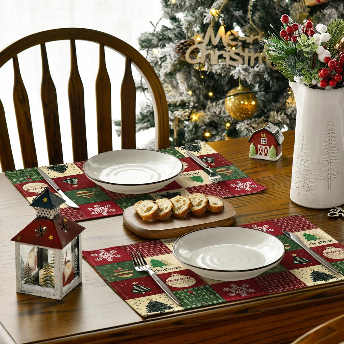 Xmas Trees Christmas Balls Placemats Set of 4, 12x18 Inch Table Mats for Winter New Year Holiday Party Kitchen Dining Decoration