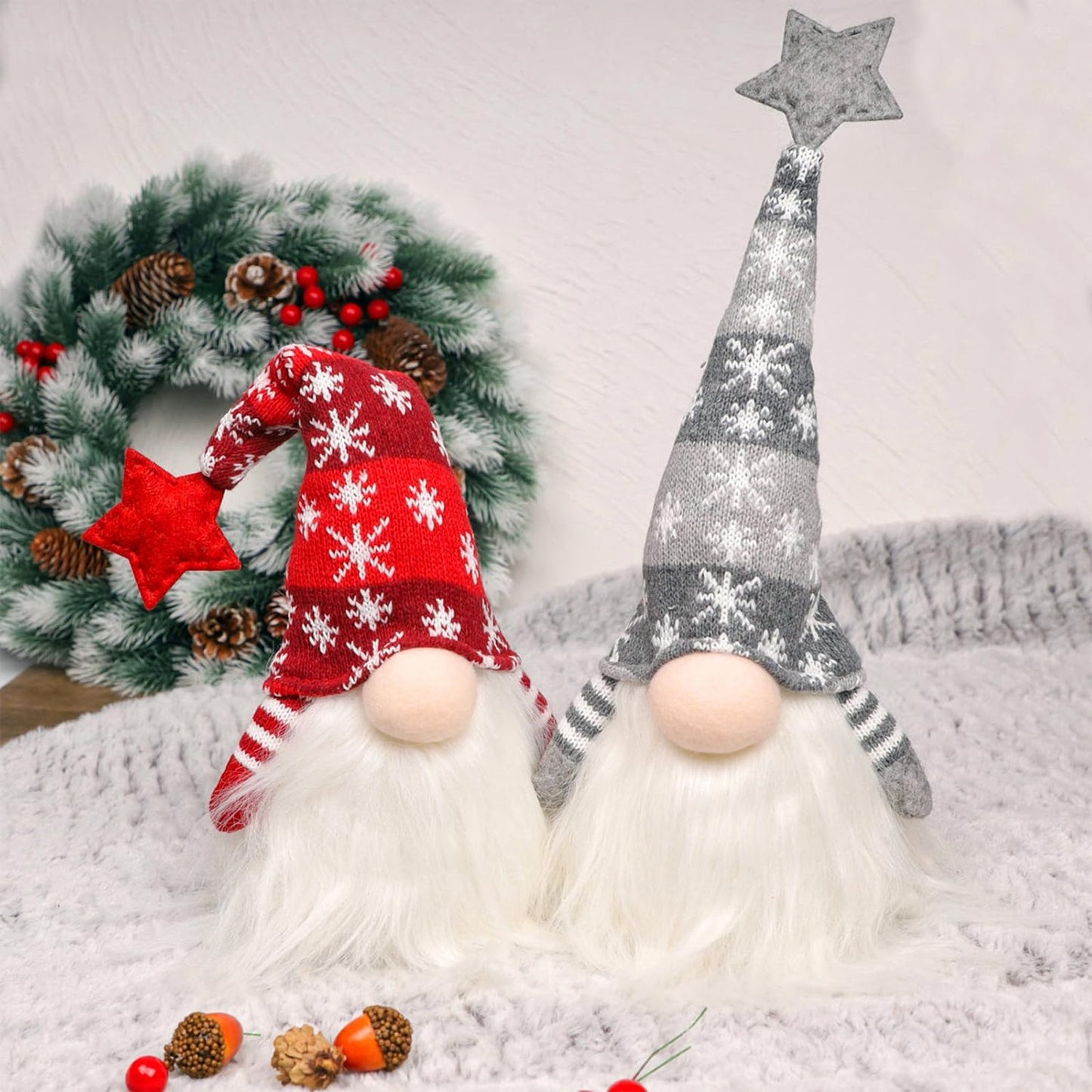 15" Lighted Christmas Gnome, Handmade Plush Scandinavian Swedish Tomte, Light Up Elf Toy Holiday Present, Battery Operated Winter Tabletop Christmas Decorations, 2 Set