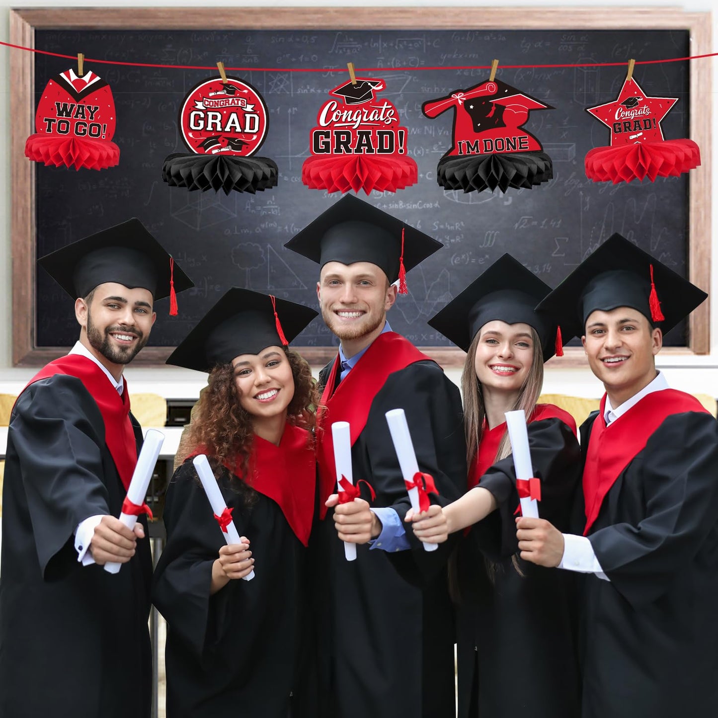 9PCS Graduation Decorations 2026 Congrats Grad Table Centerpiece Congratulate Graduation Honeycomb Table Toppers for Graduation Party Supplies(Red,Black）