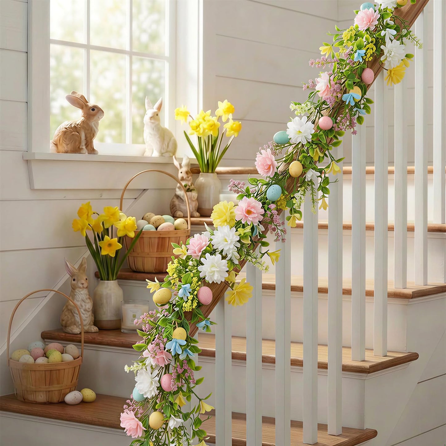 6 Ft Easter Garland, Easter Egg Garland for Mantle, Spring Summer Pastel Artificial Flower Garlands, Easter Decorations for Home Mantle Fireplace Indoor Decor