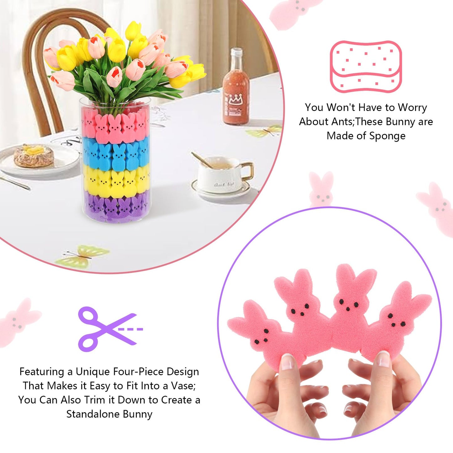 Lettry Easter Decorations, 64pcs Cute Sponge Bunnies Vase Filler, Spring Indoor Decor for Tiered Tray and Table Decorations