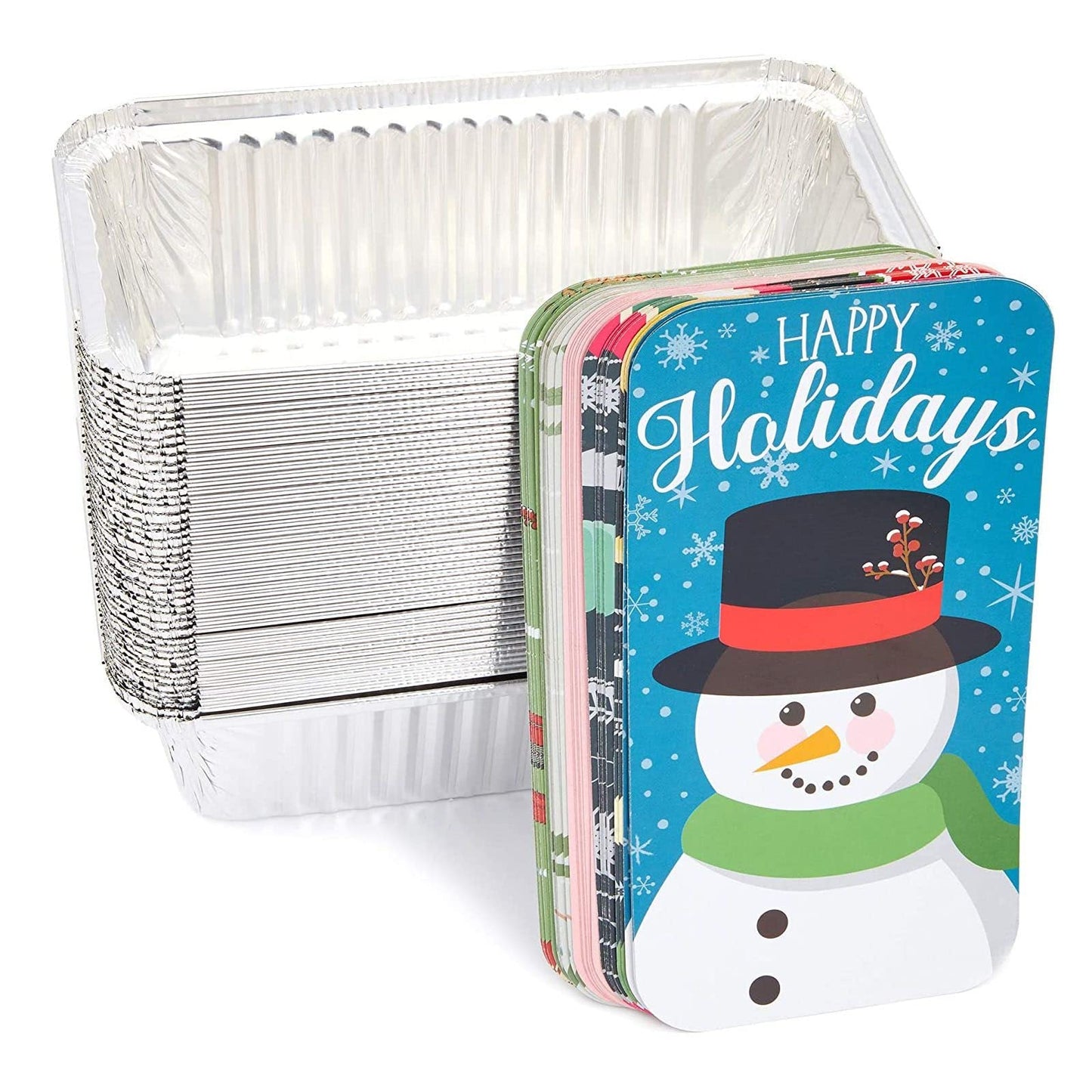 50 Pack Christmas Aluminum Foil Pans with Paper Lids, 32oz Baking Tins Containers, Fun Festive Foil Loaf Pan with Lid for Winter Holiday Xmas Season Baking Breads (8.5 x 2.5 x 4.5 In)