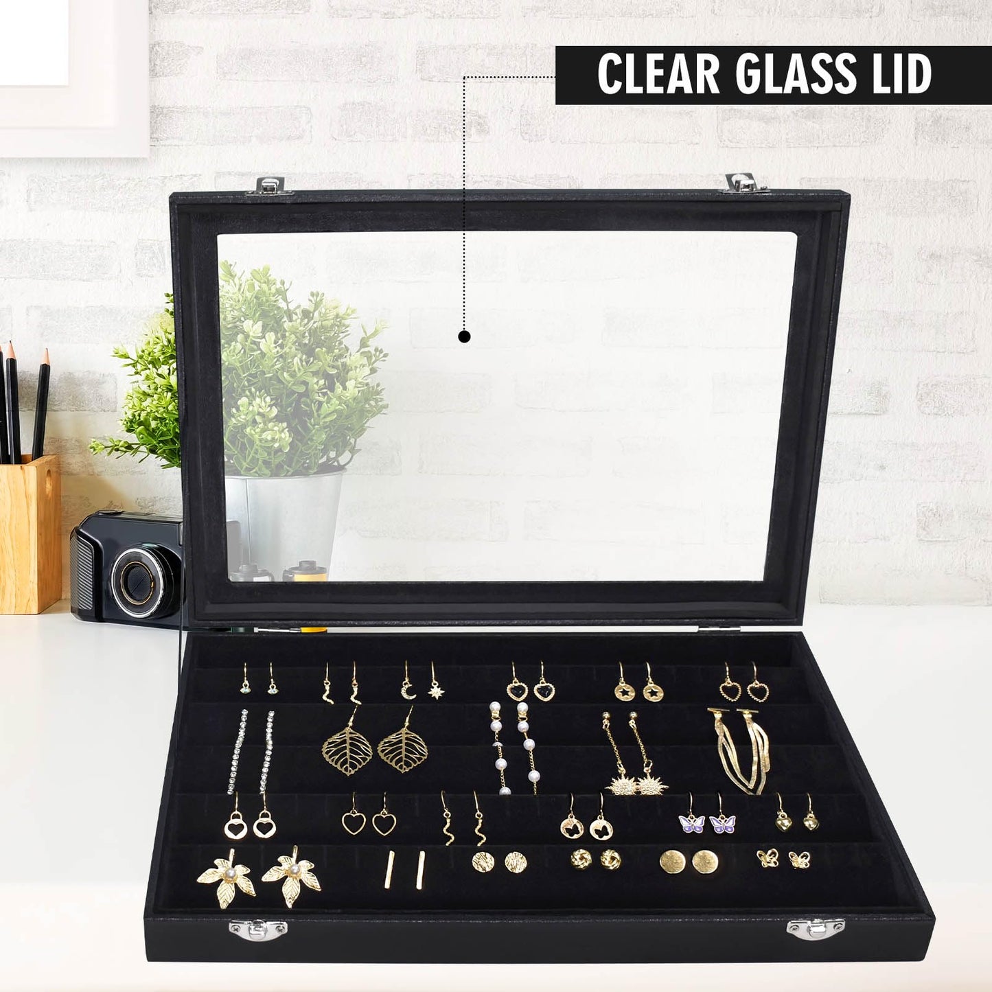Bivisen Earring Organizer Tray, Jewelry Tray with Lid, Earring Storage Box, and Jewelry Display Case, Keep Your Earrings Organized and Secure with This Stylish and Functional Earring Tray (Black)
