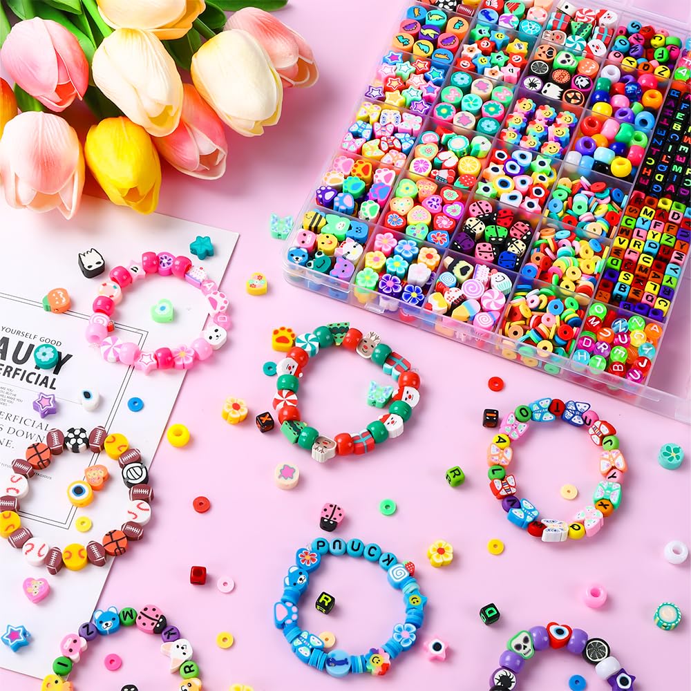 DULEFUN 960pcs Polymer Clay Beads Charms Bracelet Kit 24 Styles Cute Fun Clay Flower Butterfly Heart Animal Letter Pony Beads for Necklace Earring Making Women Girls DIY Accessories