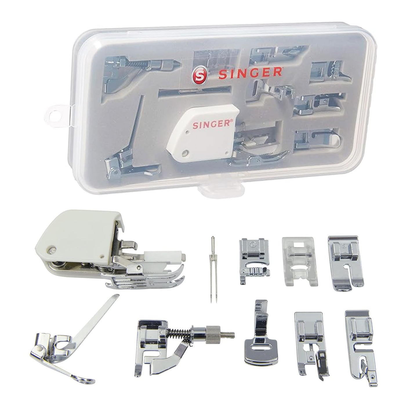 SINGER 9 Presser Feet Sewing Machine Accessory Kit Set Suitable for Household Multi-Function Sewing Machines with Twin Needle, Clear Durable Storage Case for Quilting, Mending, Patchwork