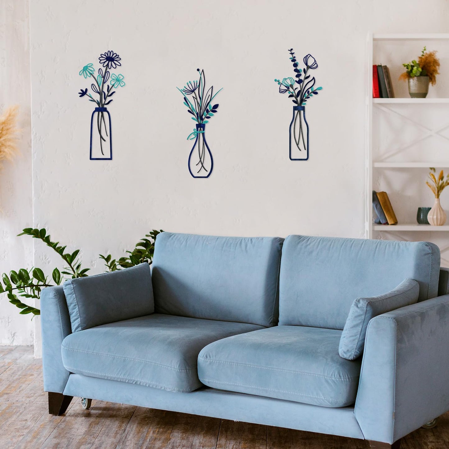 3 Pieces Metal Flowers Wall Arts - Rustic Farmhouse Style Décor Metal Wall Art Black Minimalist Flower Natural Themed Wall Decors for Home Bedroom Dining Room Housewarming (Blue)