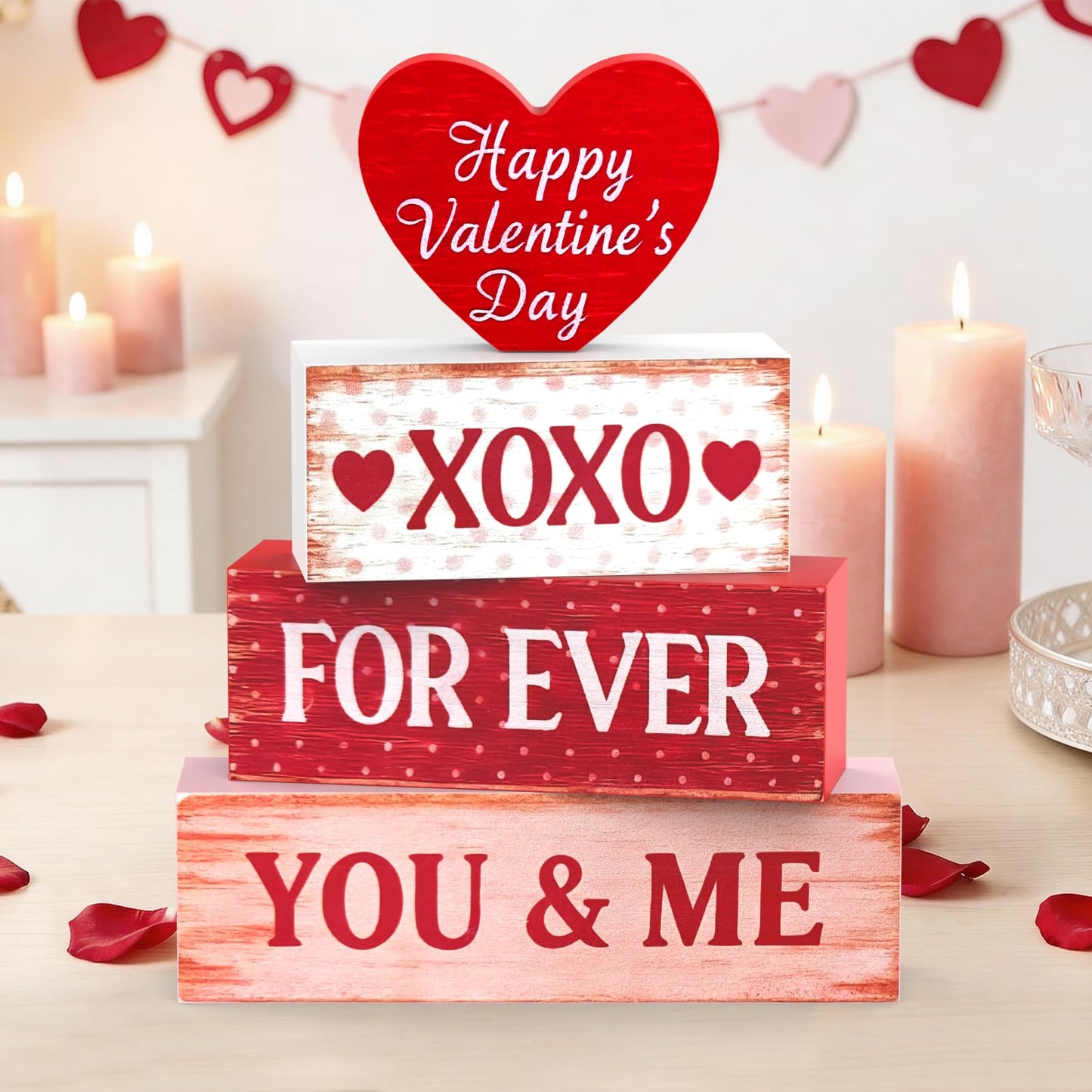 Valentines Day Decorations - 4 Pack Wooden Block Heart Set Signs Valentines Day Table Decor - 7.8 Inch Valentine's Decorations for Home Office Bedroom Tiered Tray Fireplace Mantel