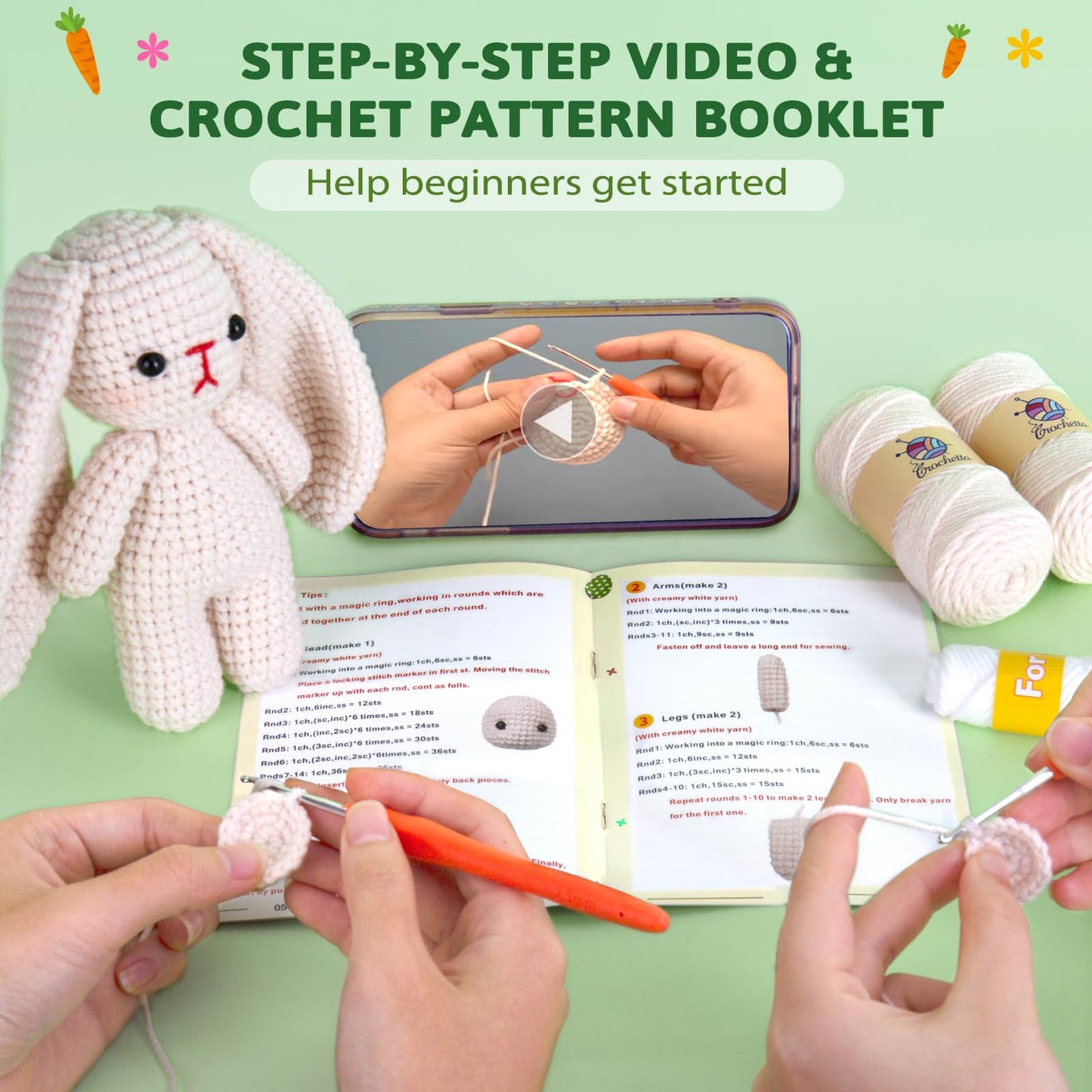 Crochet Kit for Beginners, Crochet Starter Kit w Step-by-Step Video Tutorials, Beginner Crochet Kit Knitting Supplies for Adults Kids, Crochet Bunny(40%+ Yarn)